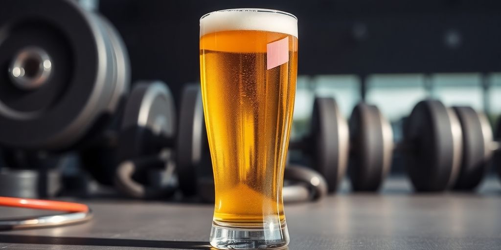 Beer and weights representing fitness and alcohol consumption.