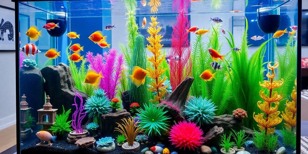 Acuario colorido en una sala de estar elegante.