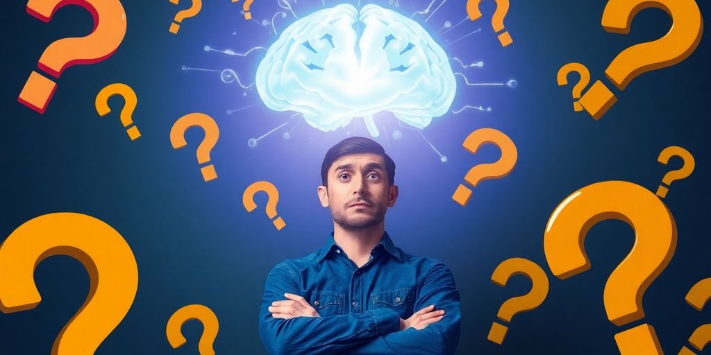 Person guessing with question marks surrounding a glowing digital brain.