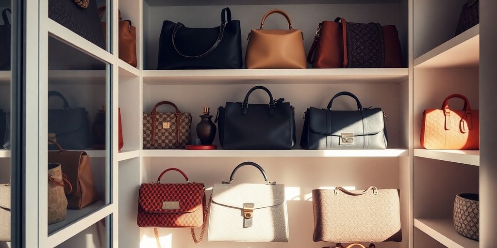 Plusieurs sacs à main élégants disposés sur des étagères dans un dressing.