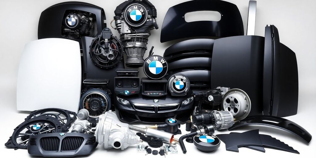 Collection of BMW car parts laid out.