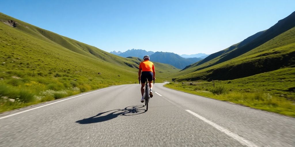 Cyclist on road, scenic backdrop, sunny day