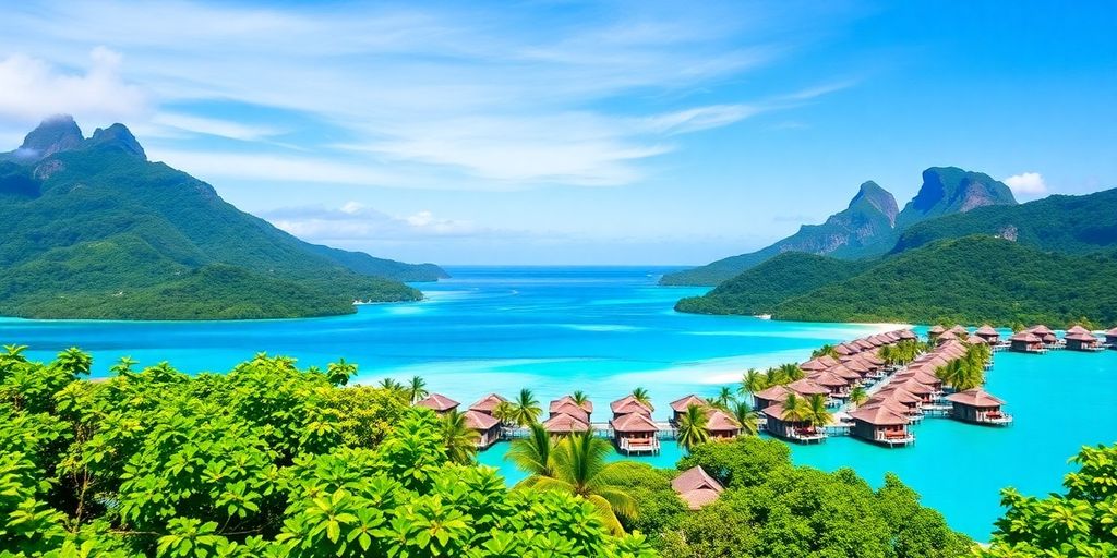 Bora Bora lagoon with overwater bungalows and mountains.