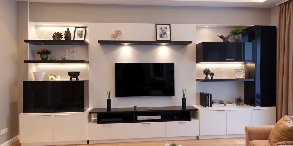 Modern media wall with TV and stylish shelves.
