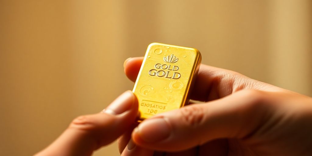 Barre d'or tenue dans une main avec flou en arrière-plan.