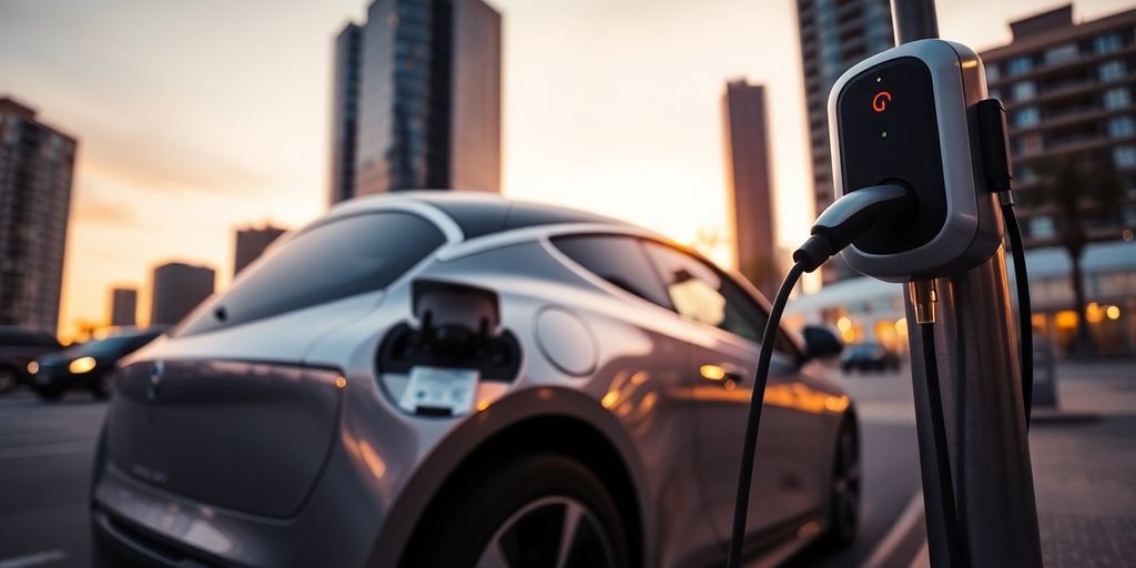 Electric car charging on a street at sunset.