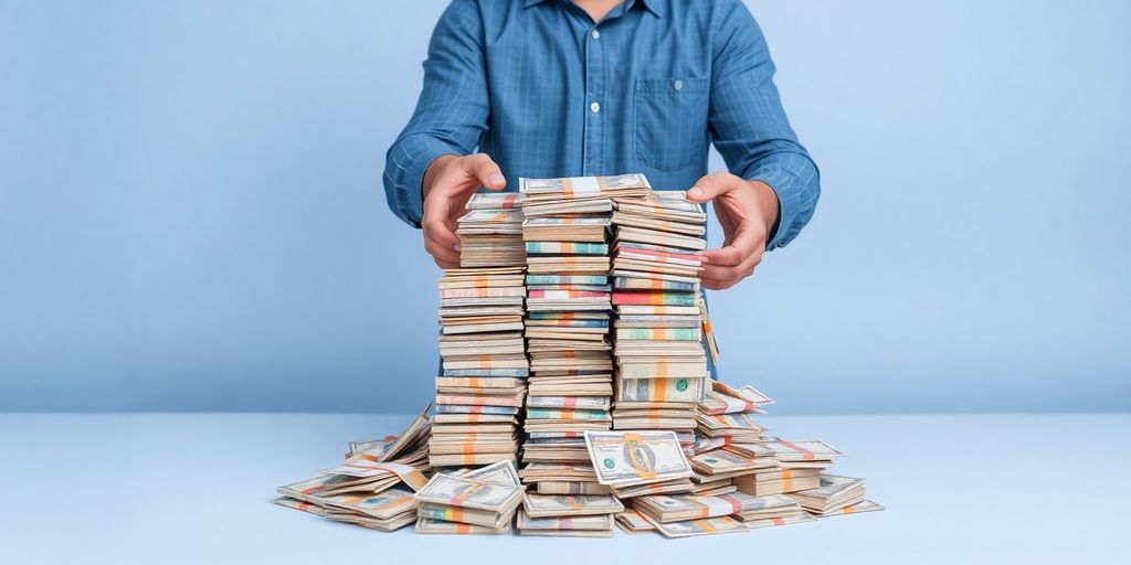 Man sorting colorful money stacks.