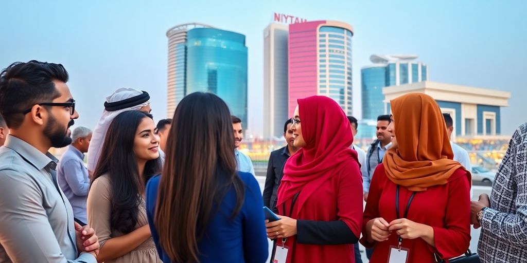 Diverse professionals networking in a modern UAE office setting.