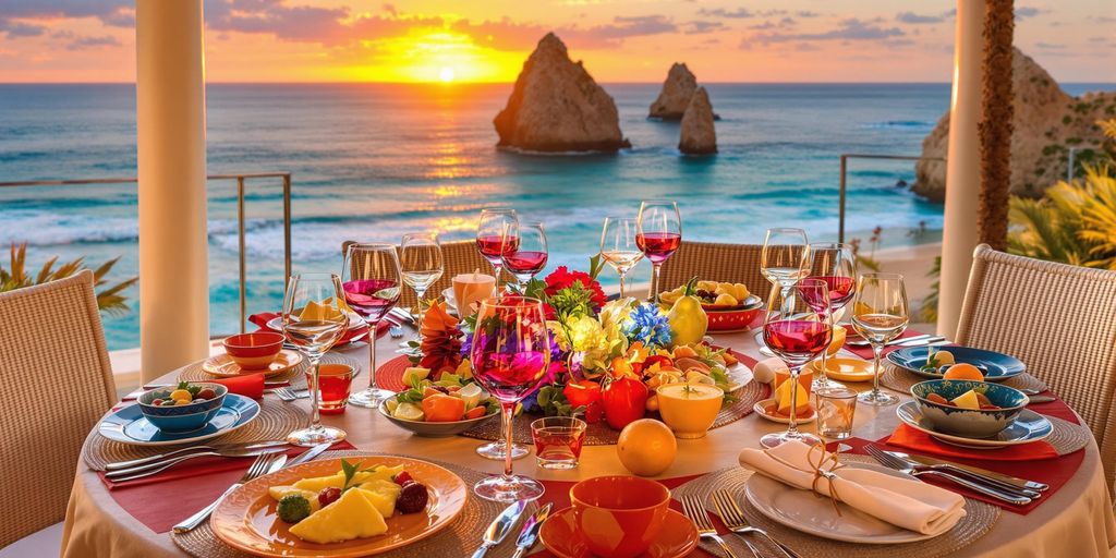 Elegant dining table with ocean view at sunset.