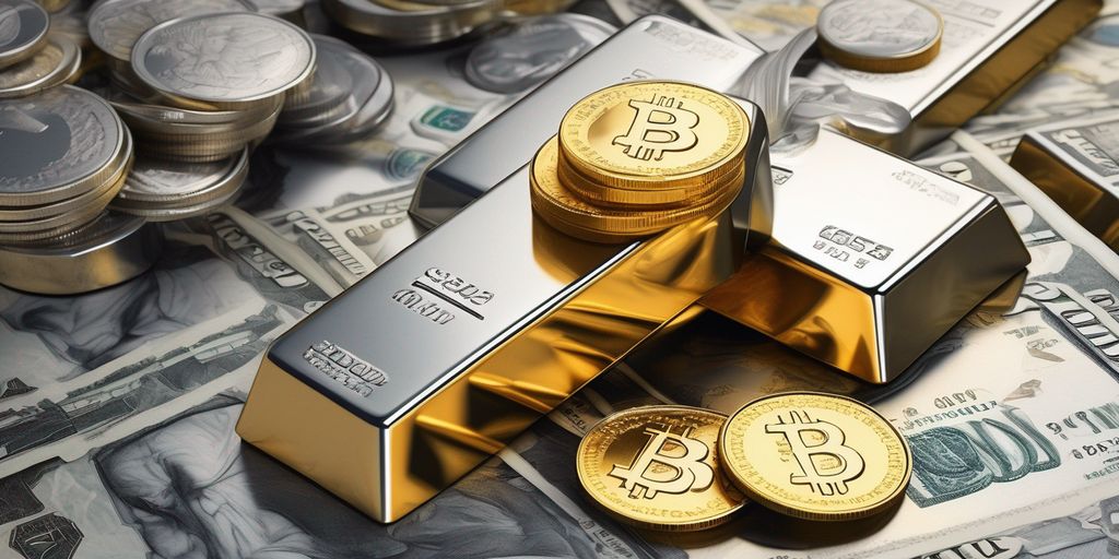 gold bars and silver coins with a background of a financial crisis