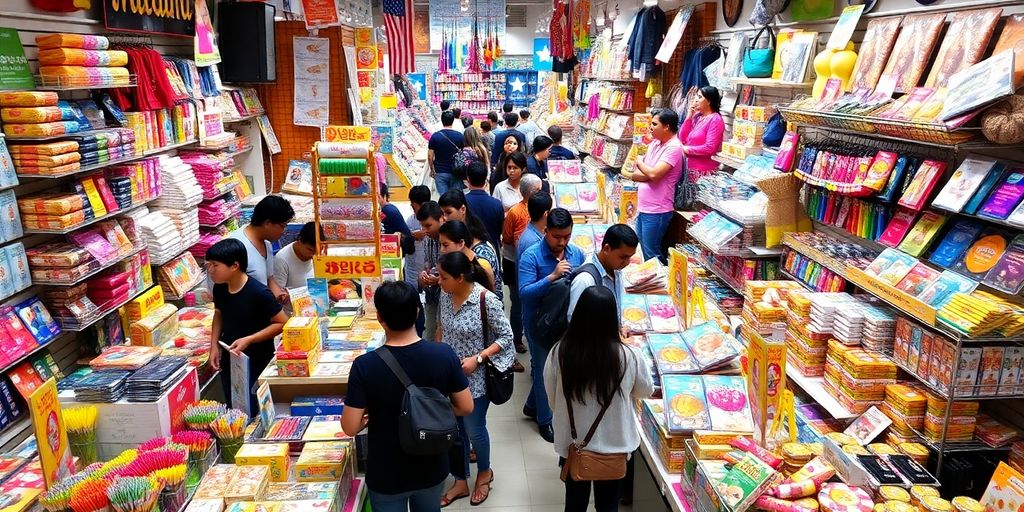 Colorful retail displays with shoppers engaging in products.