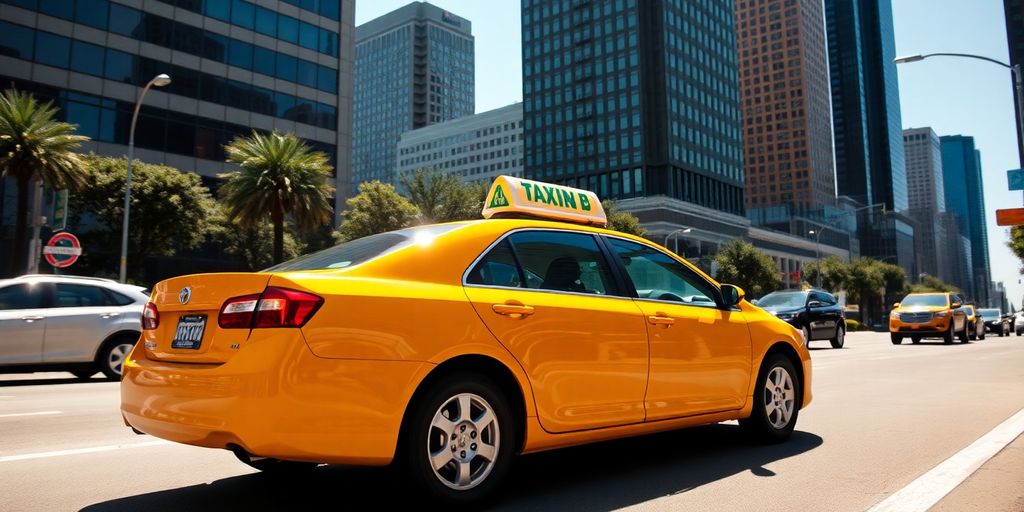 Yellow cab driving Dallas-Fort Worth street.