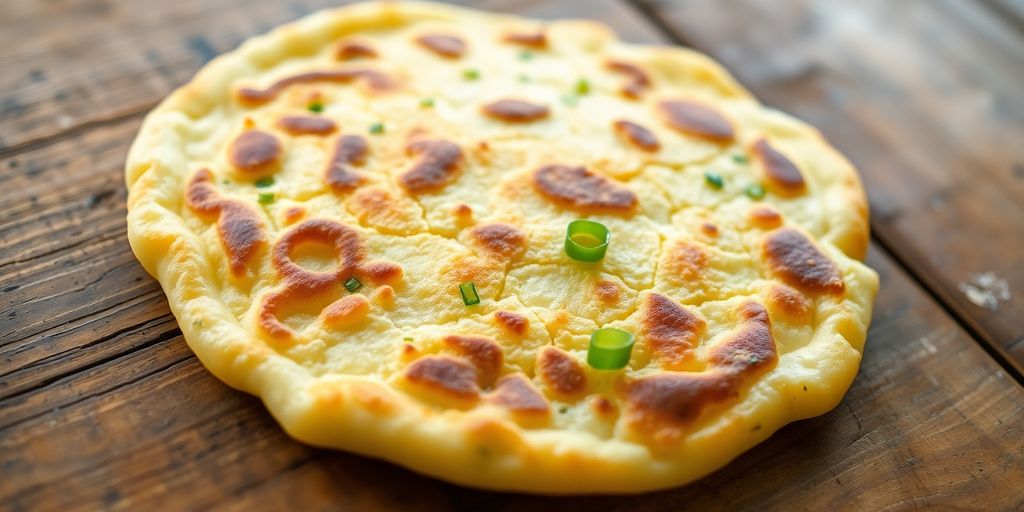 Close-up of a crispy Chinese scallion pancake.
