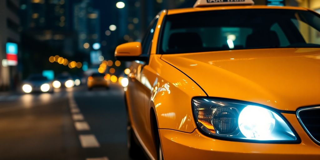 Yellow cab illuminated on a Dallas-Fort Worth street.