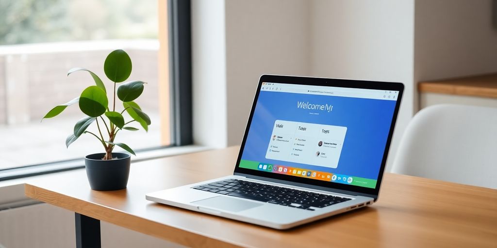 Bright workspace with laptop and plant for onboarding.