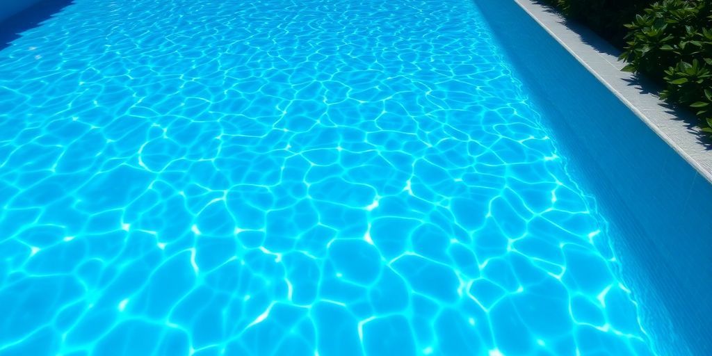 Crystal clear pool water reflecting a sunny sky.