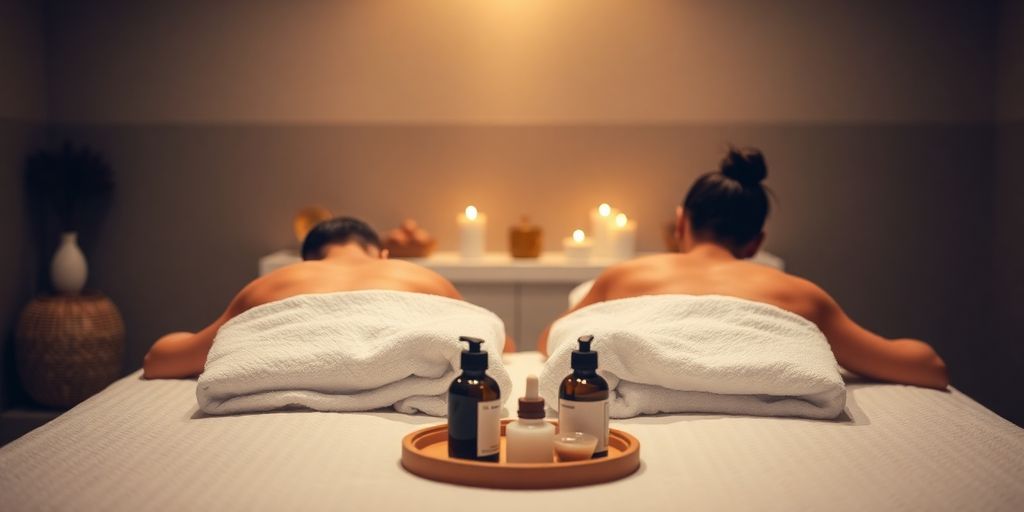 Couple relaxing in a luxurious spa with soft lighting.