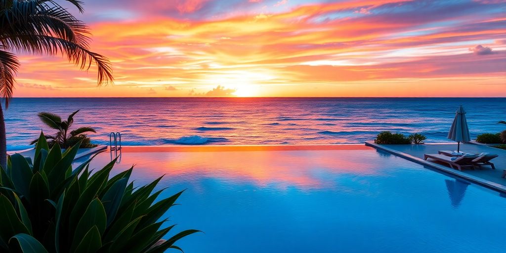 Luxury resort pool overlooking ocean at sunset.