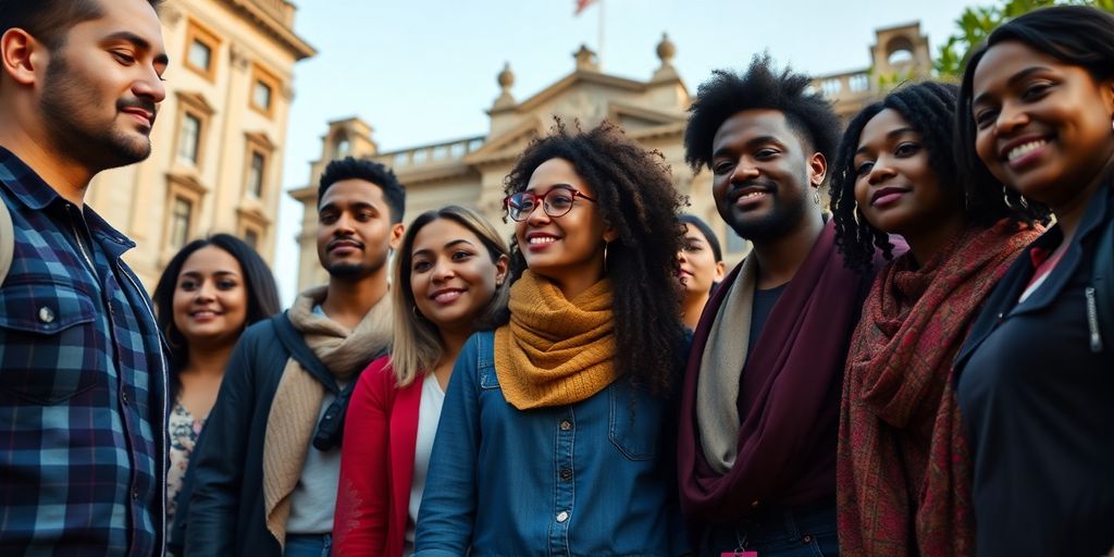 Diverse individuals united in front of a historic building.