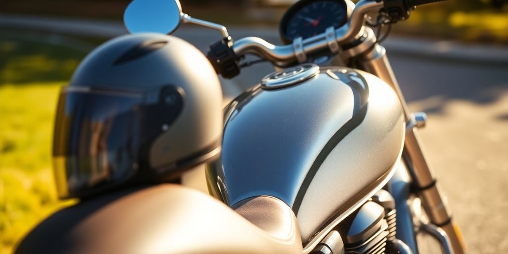 Motorfiets met een glimmende helm ernaast.