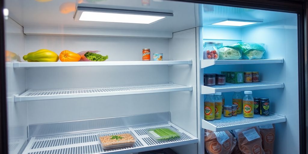 Mobile catering fridge interior with illuminated shelves.