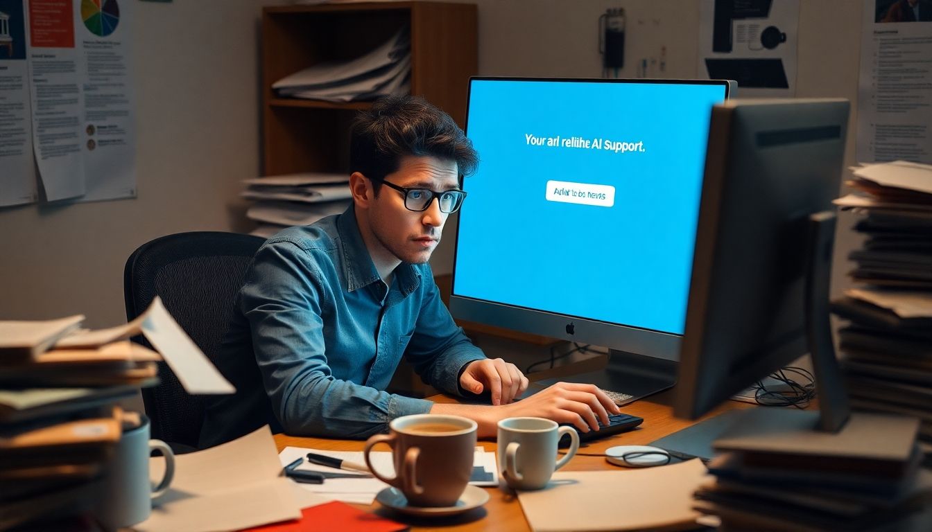 Frustrated user at a messy desk facing AI error.