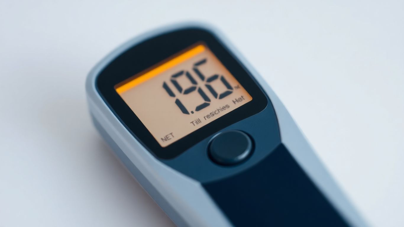Modern blood glucose meter with illuminated digital display.