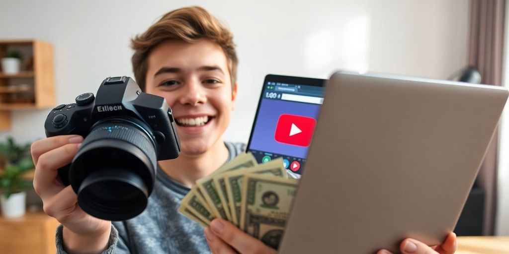 Young person smiling, holding camera, laptop, money.