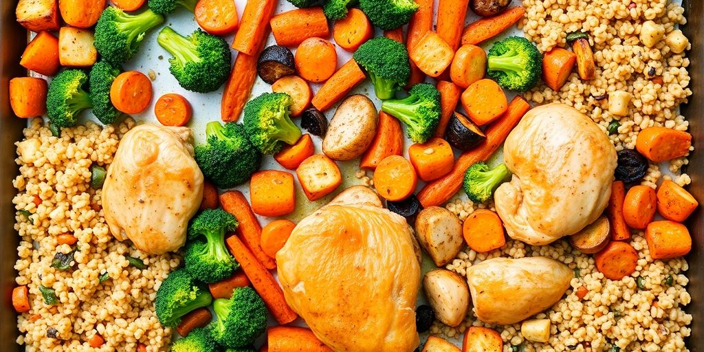 Healthy one-sheet meal with colorful roasted vegetables and proteins.