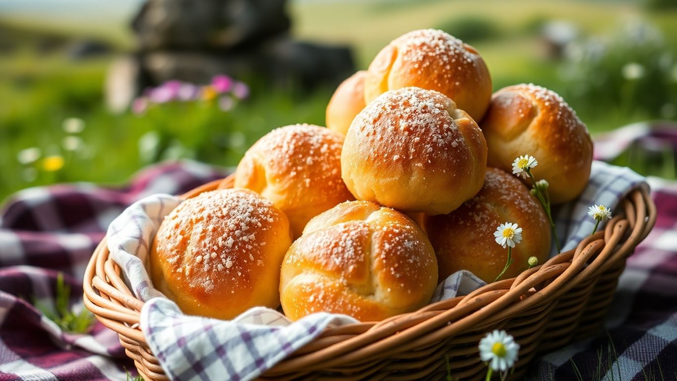 Bath buns in basket with Dartmoor picnic background