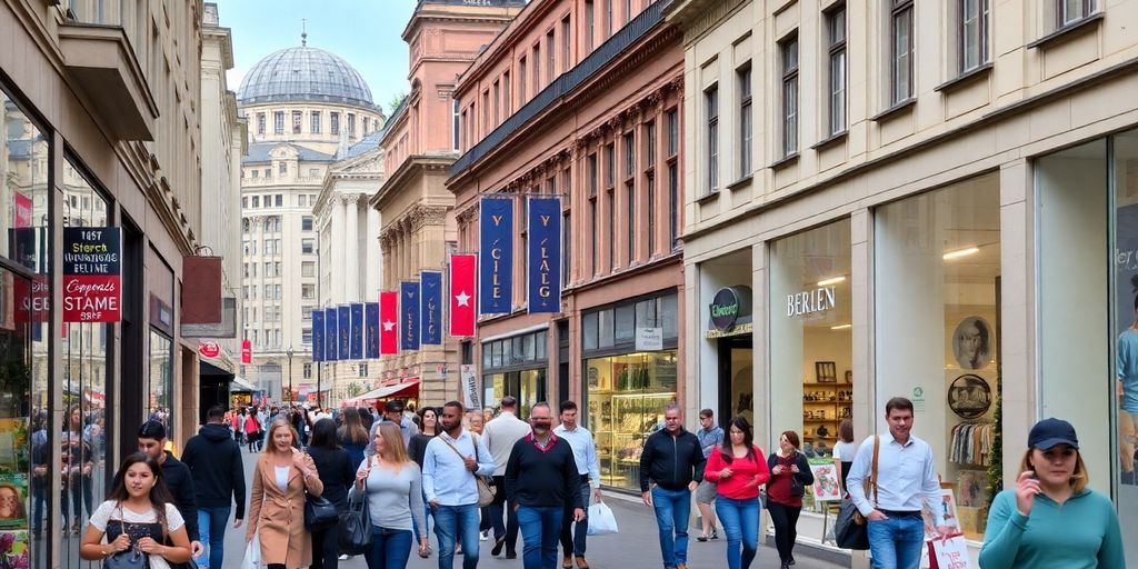 Belebte Einkaufsstraße in Berlin mit modernen Geschäften.