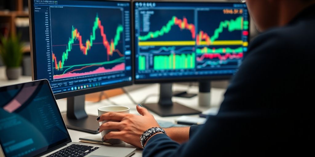 Trader analyzing stock charts in a professional workspace.