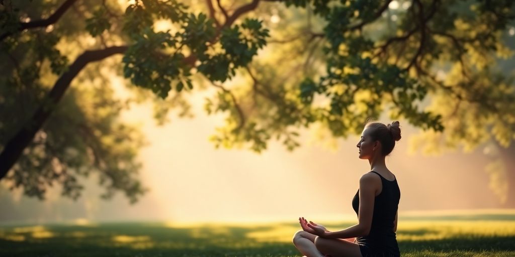 Person meditating in a serene, calming environment.