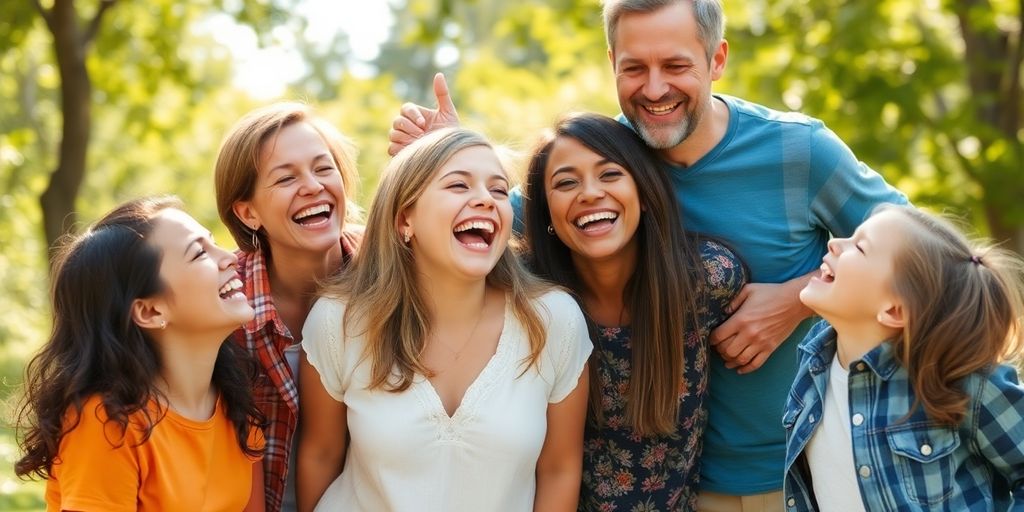 Vrienden en familie die samen lachen in een park.