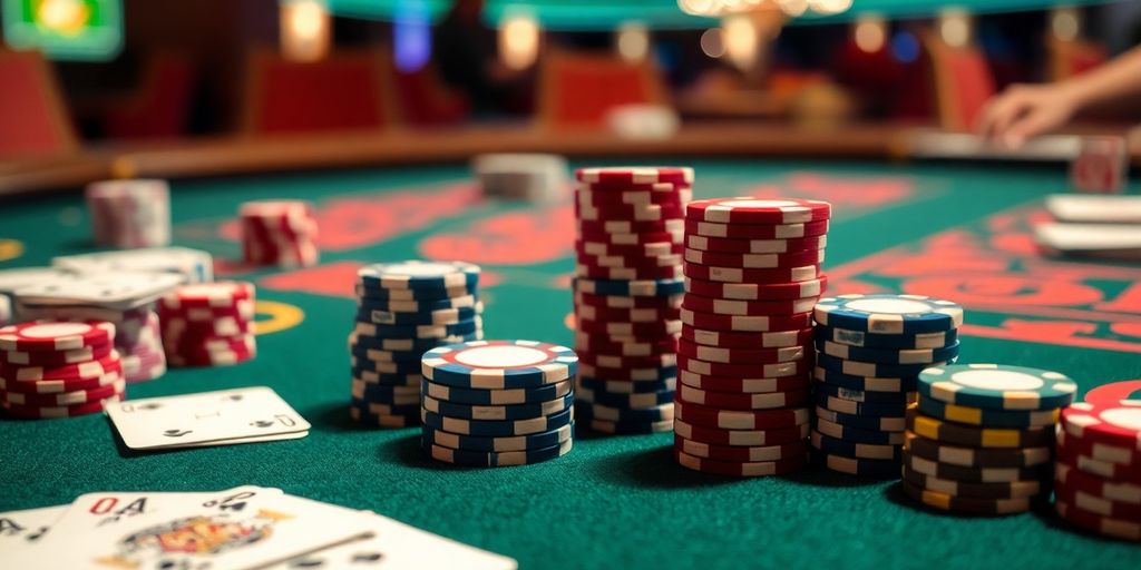Blackjack table with chips and cards.