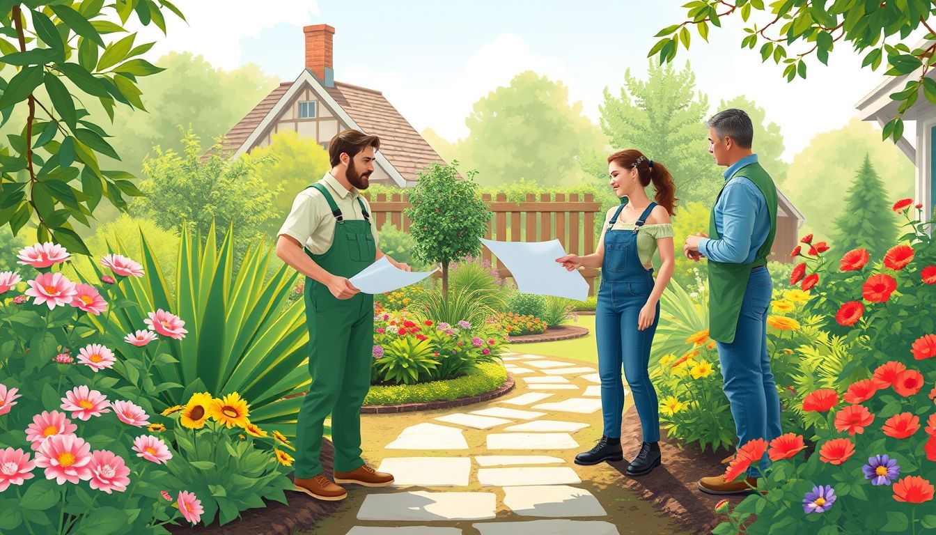 Gardener and homeowner in a lush garden