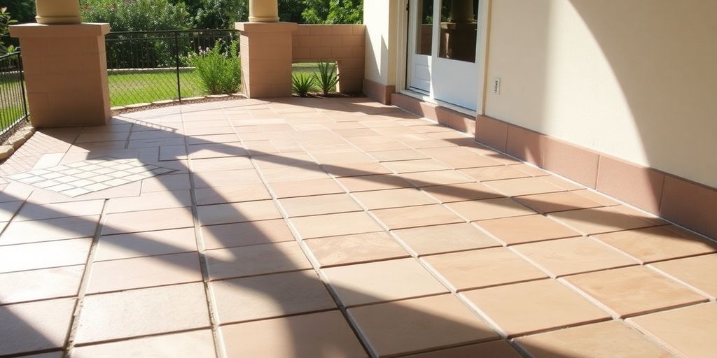 Outdoor tiled patio with intricate pattern and varying grout colors.