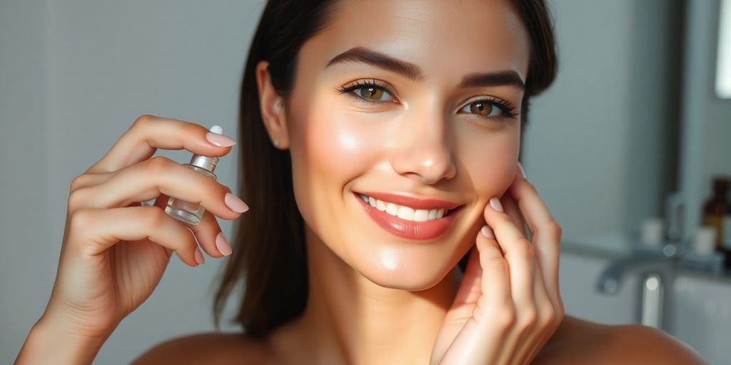 Woman with glowing skin applying serum