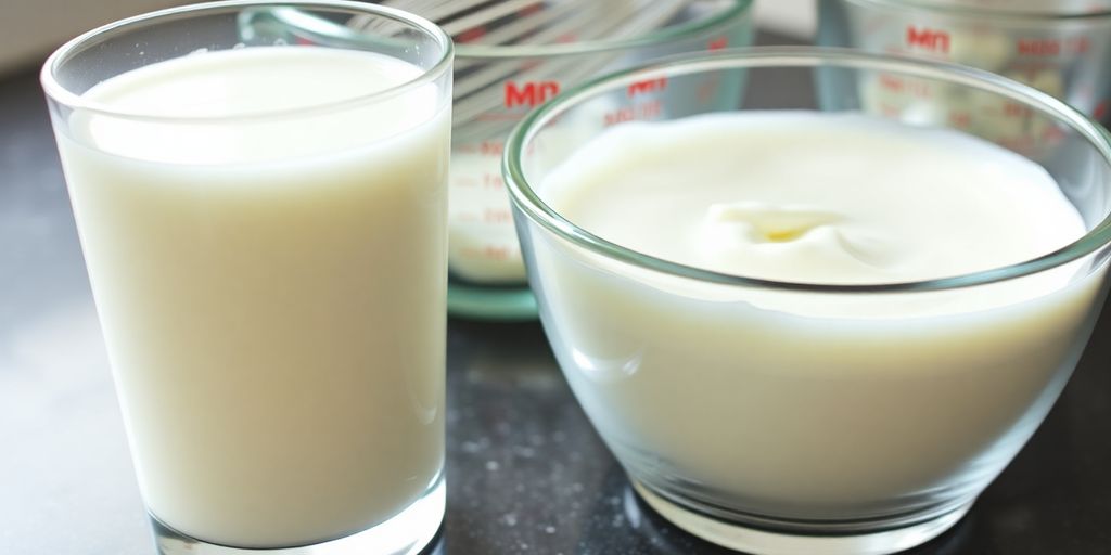 Glass of milk and bowl of heavy cream on counter.