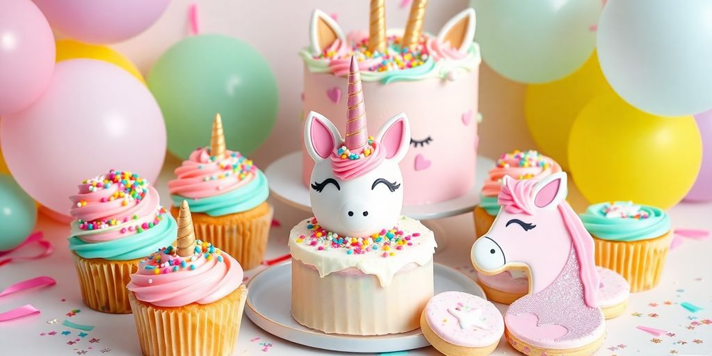 Colourful unicorn treats and decorations for a birthday party.
