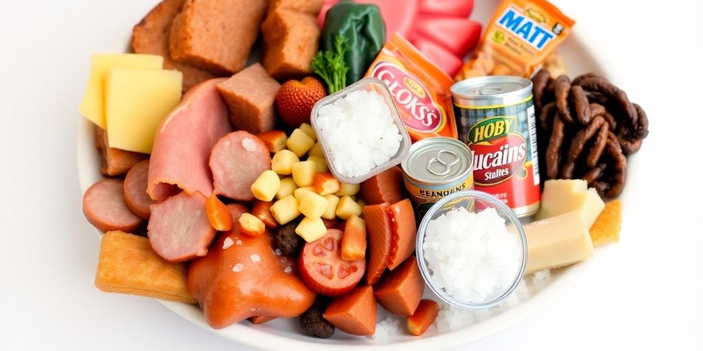 Plate with unhealthy salty foods and a red heart.