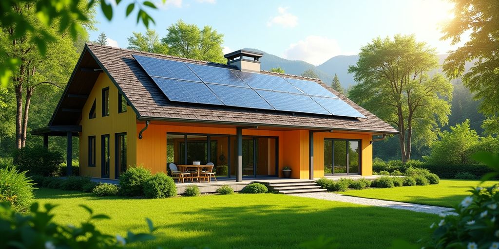 Modern sustainable home with eco-friendly materials and greenery.