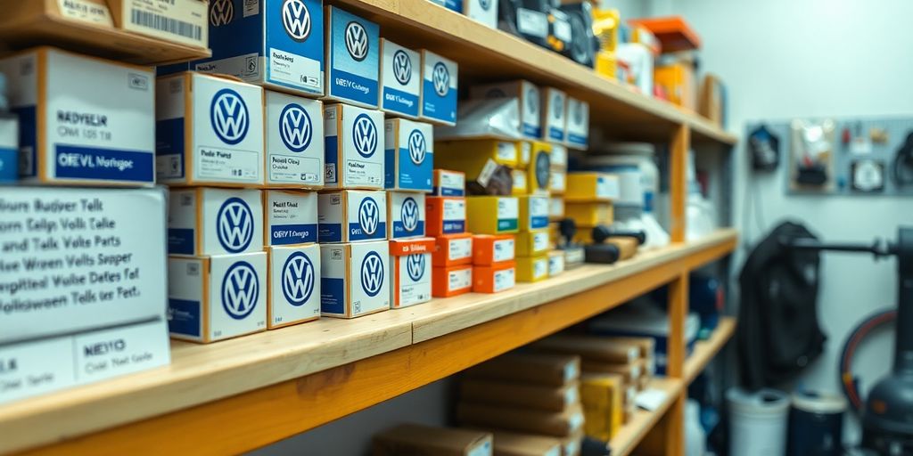 Volkswagen parts rack with genuine parts.