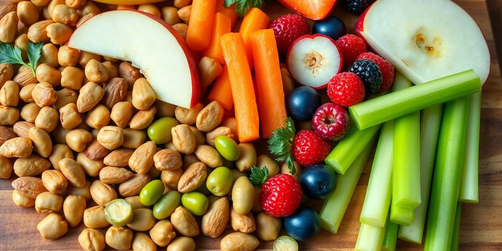 Nutritious protein snacks, colorful fruits, vegetables on a wooden board.