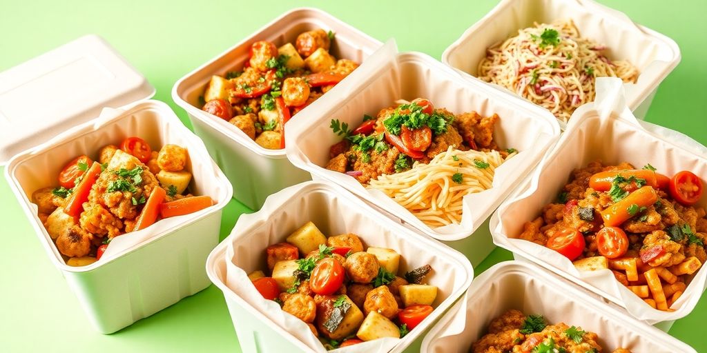 Biodegradable containers filled with catering food.