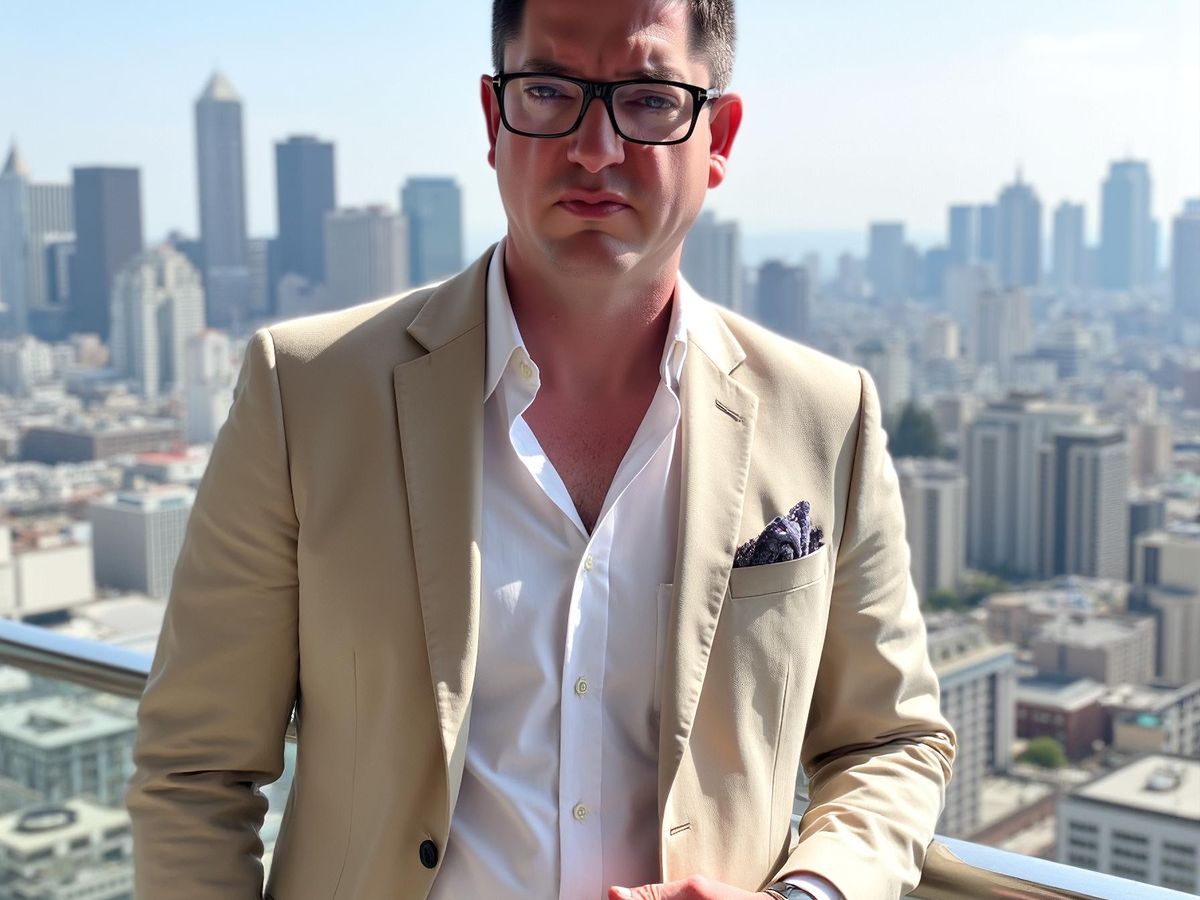 A man in a suit stands confidently against a city skyline.
