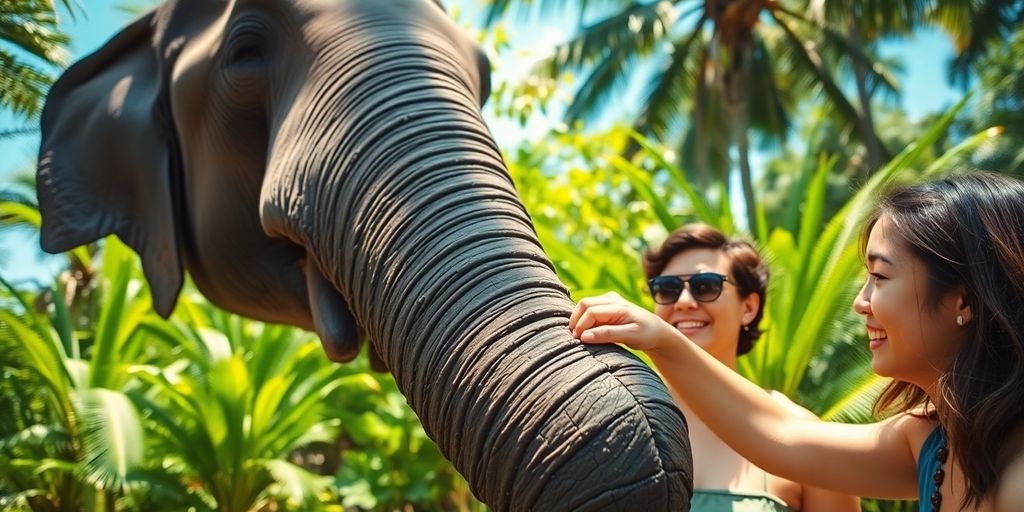 Elephant interacting with tourist in lush Thai jungle.