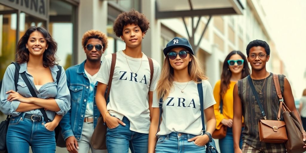 Stylish shoppers browsing Zara clothing racks.