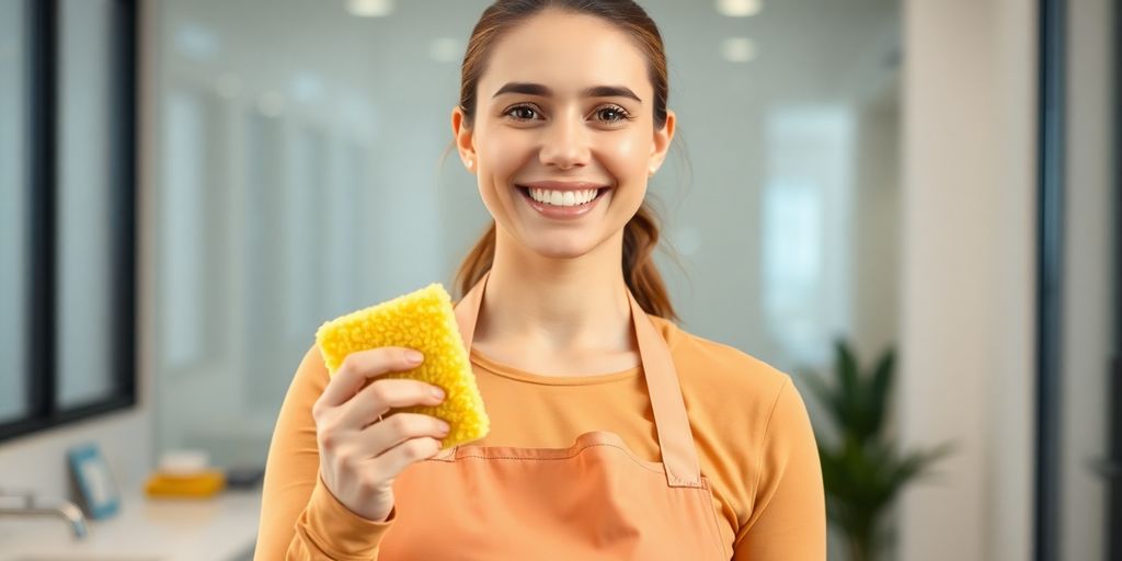 Cleaning business owner with a sponge and a smile.