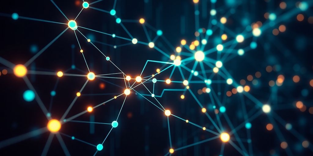 Digital network with glowing interconnected nodes.